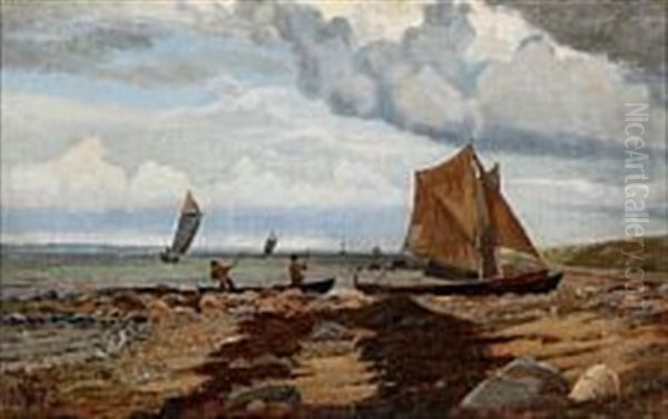 Fishing Boats By The Coast At Hornbaek Strand, Denmark Oil Painting by Thorvald Simeon Niss