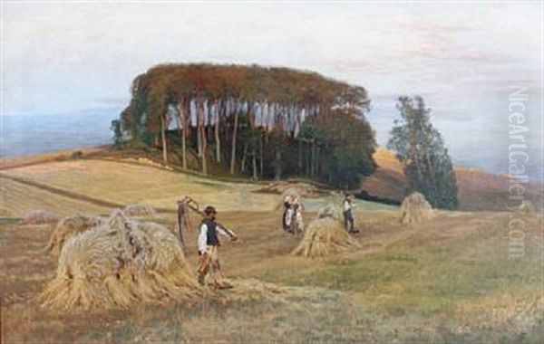 Harvest Scenery With Trees In The Background Oil Painting by Thorvald Simeon Niss