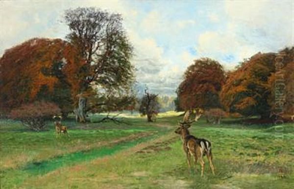 Scenery With Two Fallow Bucks A Fall Day In Dyrehaven Oil Painting by Thorvald Simeon Niss