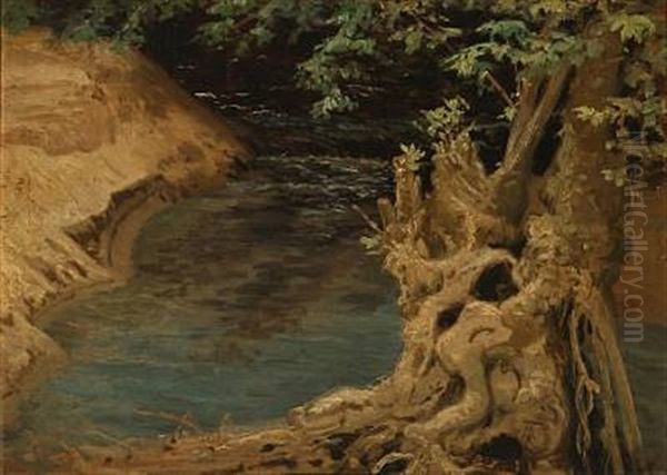 River Bank With A Gnarled Tree At Dusk (+ Another (study), Verso) Oil Painting by Thorvald Simeon Niss