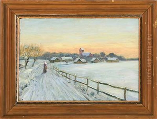 Winter Landscape With A Village In The Background Oil Painting by Thorvald Simeon Niss