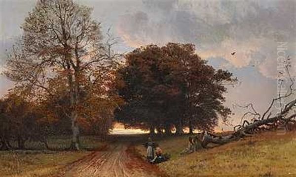 To Piger Pa En Landevej Ved Et Trae I Solnedgangen by Thorvald Simeon Niss