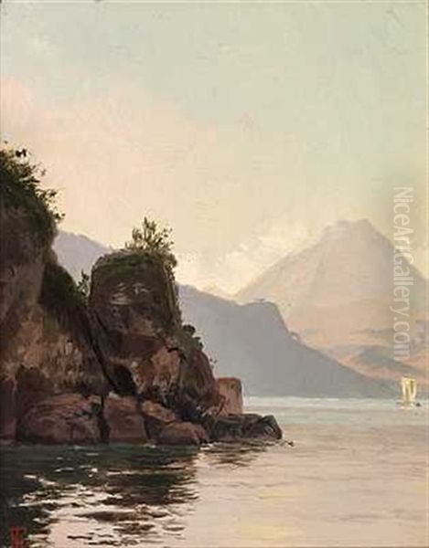 Parti Fra En Italiensk Bugt Med Klippefremspring I Vandet Oil Painting by Thorvald Simeon Niss