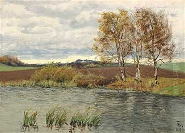 Efterarslandskab Ved En So Oil Painting by Thorvald Simeon Niss