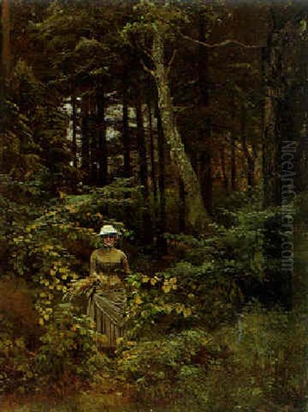 Ung Pige Der Plukker Blomster I Skoven Oil Painting by Thorvald Simeon Niss