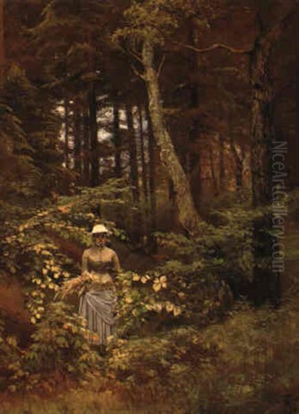 Young Girl Walking In The Forest Oil Painting by Thorvald Simeon Niss