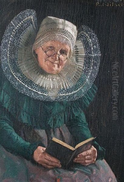 Portrait Of An Elderly Lady, Seated, With A Large White Lace Collar Holding A Book Oil Painting by Richard Nitsch