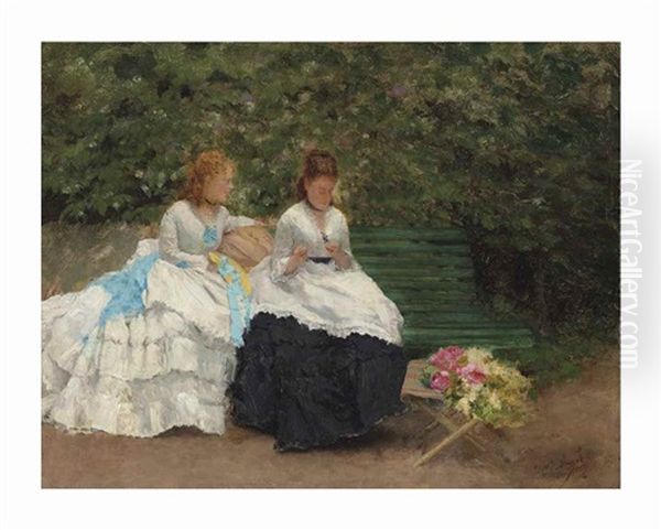 Suzanne E Madeleine Boussod Su Una Panchina In Giardino Oil Painting by Giuseppe de Nittis