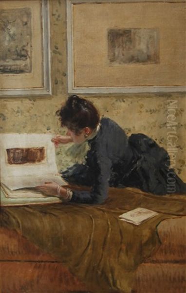 Femme Feuilletant Un Livre D'eaux-fortes Oil Painting by Giuseppe de Nittis