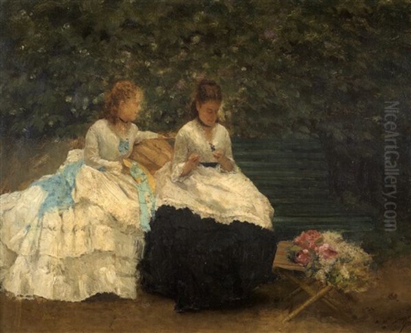 Portrait De Deux Femmes Sur Un Banc Oil Painting by Giuseppe de Nittis