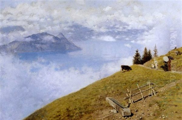 Passeggiata Sul Lago Dei Quattro Cantoni (o Nebbia Sui Monti, Pomeriggio, O Passeggiata Campestre) Oil Painting by Giuseppe de Nittis