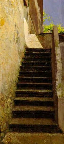 A Sunlit Stairway Oil Painting by Giuseppe de Nittis