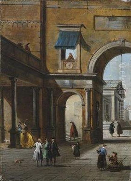 Two Architectural Capriccios Oil Painting by Giuseppe Bernardino Bison