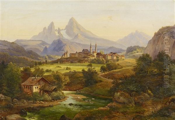 Blick Auf Berchtesgaden Mit Dem Watzmann Oil Painting by Ludwig (Louis) Friedrich Nitzschke