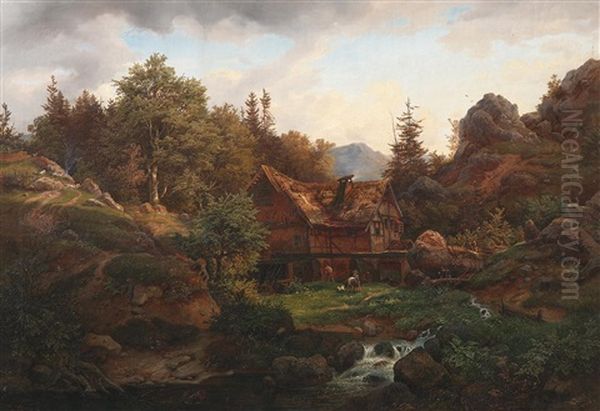 Gehoft Im Plauenschen Grund Bei Dresden Oil Painting by Ludwig (Louis) Friedrich Nitzschke