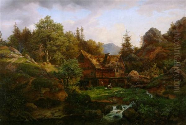 Gehoft Im Plauenschen Grund Bei Dresden Oil Painting by Ludwig (Louis) Friedrich Nitzschke