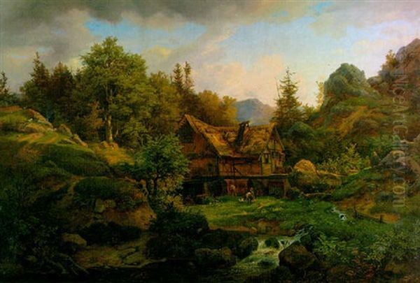 Berglandschaft Mit Bauernhaus Am Bach Oil Painting by Ludwig (Louis) Friedrich Nitzschke