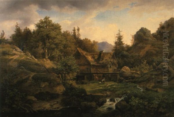 Bauernhaus Im Bachgrund Oil Painting by Ludwig (Louis) Friedrich Nitzschke