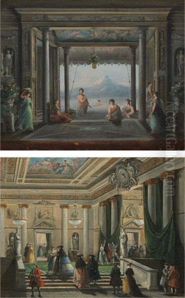 Figures In The Foyer Of La Fenice Theater, Venice Oil Painting by Giuseppe Bernardino Bison