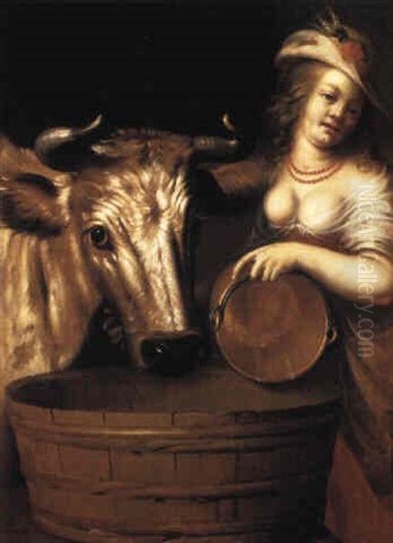 Cow With Milkmaid Oil Painting by Jan Rutgersz van Niwael