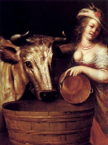 A Milkmaid With A Cow Oil Painting by Jan Rutgersz van Niwael