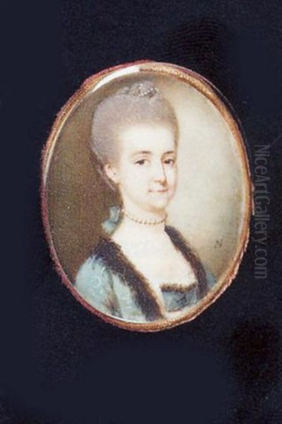 A Young Lady In A Low-cut Blue Dress Trimmed With Fur, Wearing A Pearl Choker And A String Of Pearls In Her Upswept Powdered Hair Oil Painting by James Nixon