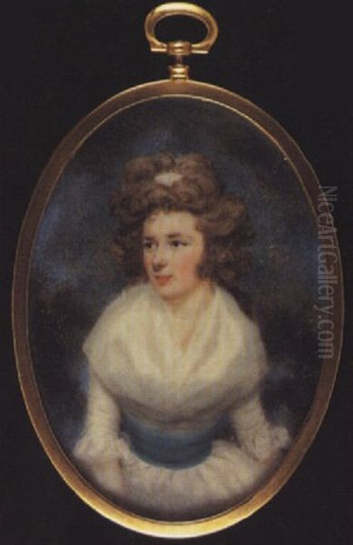 A Lady Wearing White Dress With Fichu, Lace Cuffs And Turquoise Waistband, A White Bandeau In Her Hair Oil Painting by James Nixon