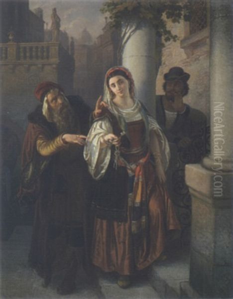 Der Kaufmann Von Venedig, Im Hintergrund Die Kuppel Von Sta. Maria De La Salute Oil Painting by August Noack