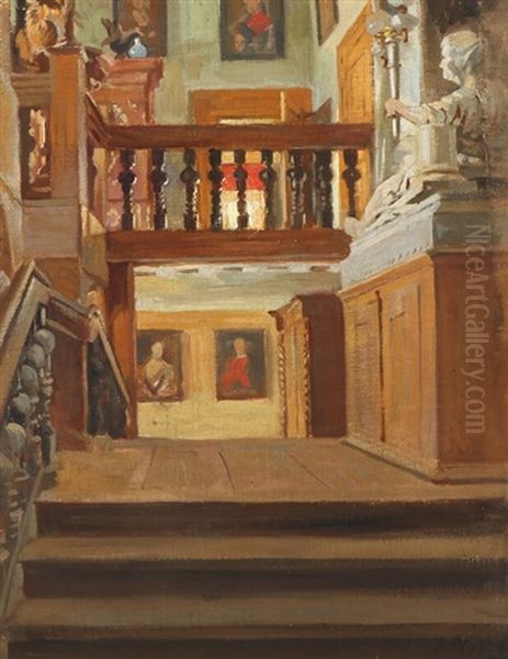 Hall With Stairs, Portrait Paintings, Sculpture A.o. Oil Painting by Jacob Nobbe