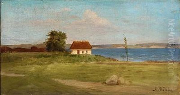 Thatched Cottage At Flensburg Fiord Oil Painting by Jacob Nobbe