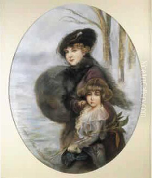 Portrait D'une Elegante Avec Sa Petite Fille Sur Un Fond De Paysage Enneige. Oil Painting by Francois-Victor Bisou