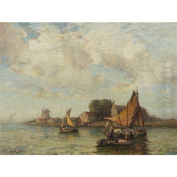 Hay Barges Off The Dutch Coast Oil Painting by James Campbell Noble