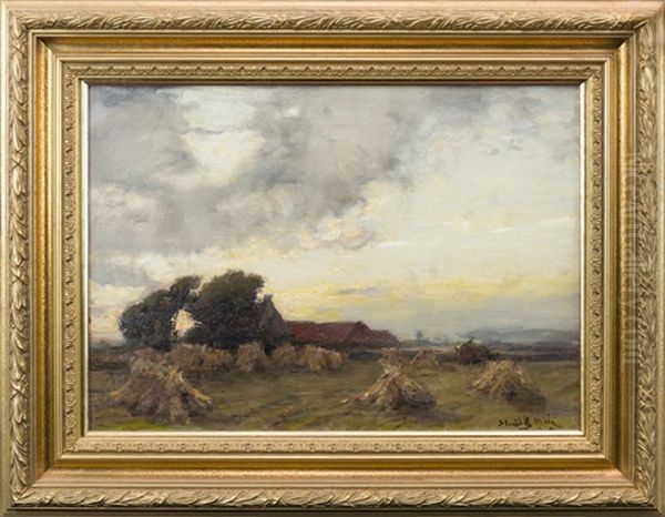 Harvesting In An Evening Landscape Oil Painting by James Campbell Noble