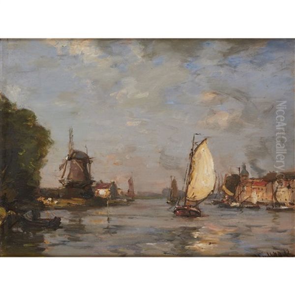 Barges On A Dutch Canal Oil Painting by James Campbell Noble