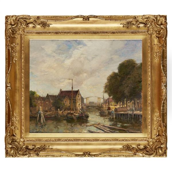 Barges On A Canal Oil Painting by James Campbell Noble