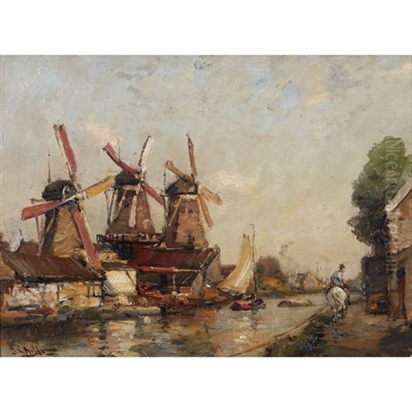 Windmills On A River Oil Painting by James Campbell Noble