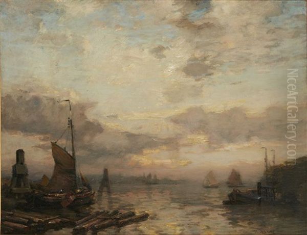 A Busy Dutch Estuary With Barges Oil Painting by James Campbell Noble