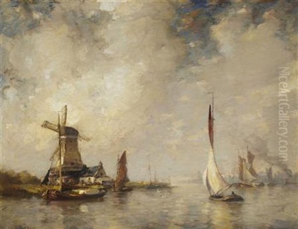 A Busy Dutch Estuary Oil Painting by James Campbell Noble