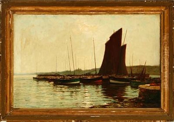 A Harbour Scene With Several Fishing Dinghies On A Calm Afternoon Oil Painting by James Campbell Noble