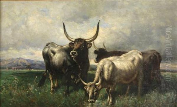 Cattle In Landscape Oil Painting by Henry Collins Bispham