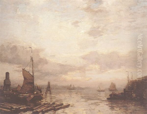 Barges On An Evening Estuary Oil Painting by James Campbell Noble