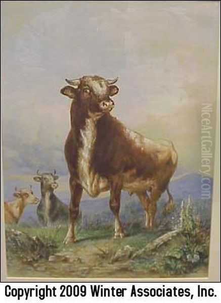 Three Cows In Field Oil Painting by Henry Collins Bispham