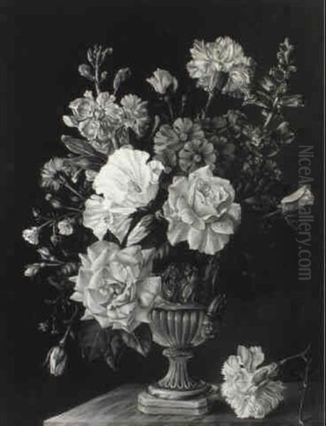 Roses, Carnations And Other Flowers In An Urn On A Marble   Ledge Oil Painting by James Campbell Noble