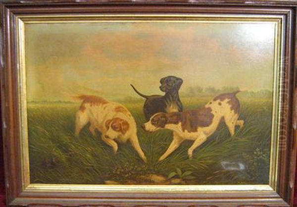 Print Over Painted On Canvas, Hunting Dogs Oil Painting by Henry Collins Bispham