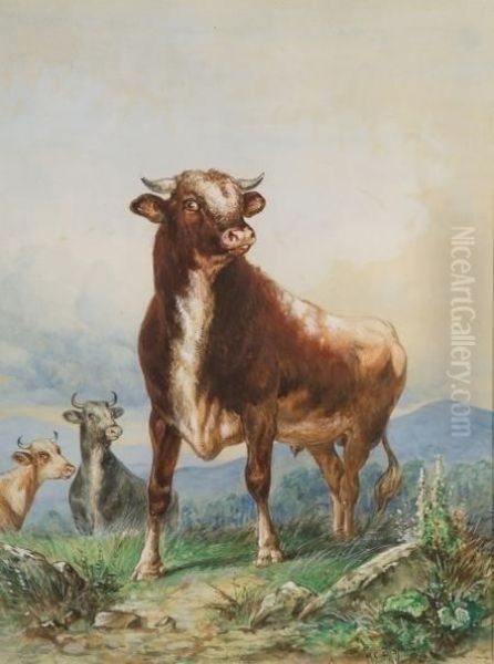 Cattle In A Landscape Oil Painting by Henry Collins Bispham