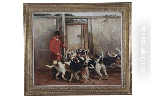 Foxhounds In A Stable Oil Painting by John Sargent Noble