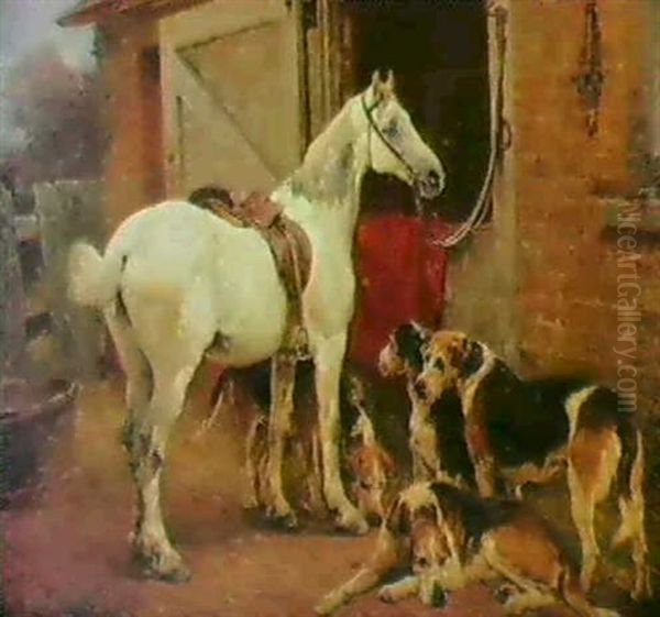 A Grey Hunter And Foxhounds By A Stable Door Oil Painting by John Sargent Noble