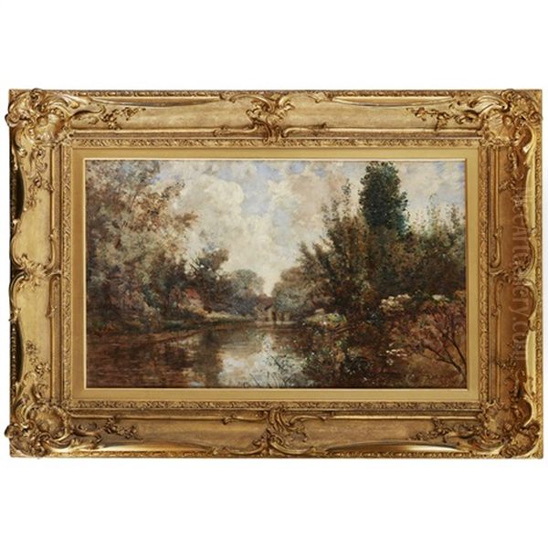 A River View With A Bridge Oil Painting by Robert Noble