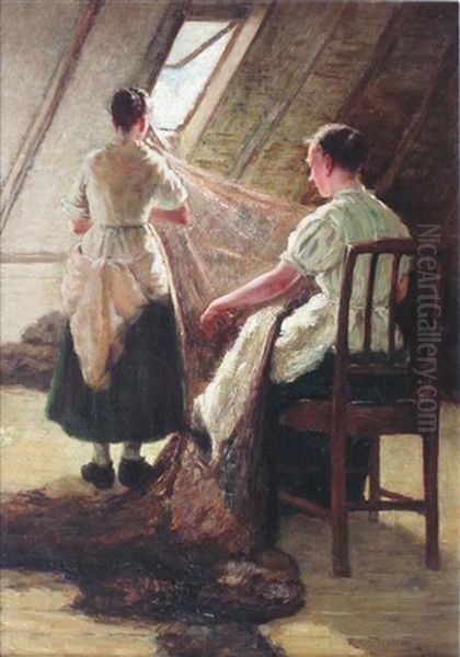 Mending The Nets Oil Painting by Robert Noble