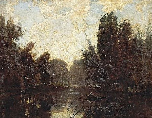 A River Landscape With A Figure In A Rowboat Oil Painting by Robert Noble